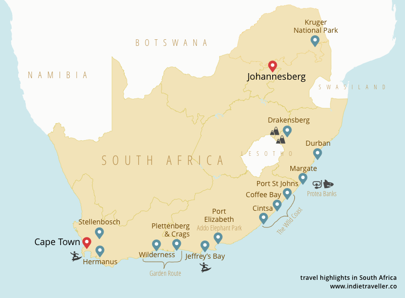 Map showing the most popular South Africa backpacking route, going along the coast from Cape Town to Johannesberg.