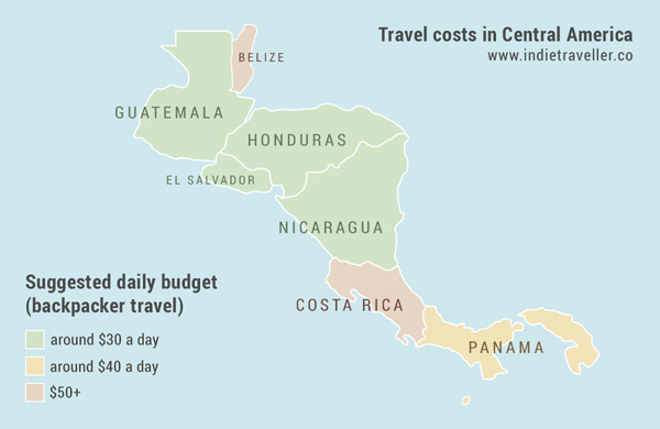 map of Central America showing daily budgets and travel costs