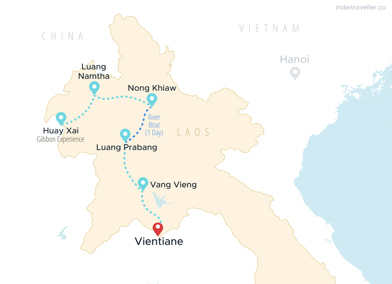 Map of northern Laos showing a 2 week itinerary, stopping in Huay Xai, Luang Namtja, Nong Khiaw, Luang Prabang, Vang Vieng and Vientiane